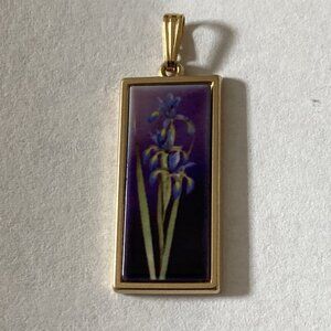 Purple Iris Flower Resin Inlay Rectangle Pendant Gold Plated Maine Artist Signed